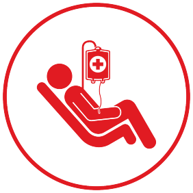Icon of red circle around person sitting in cot donating blood.